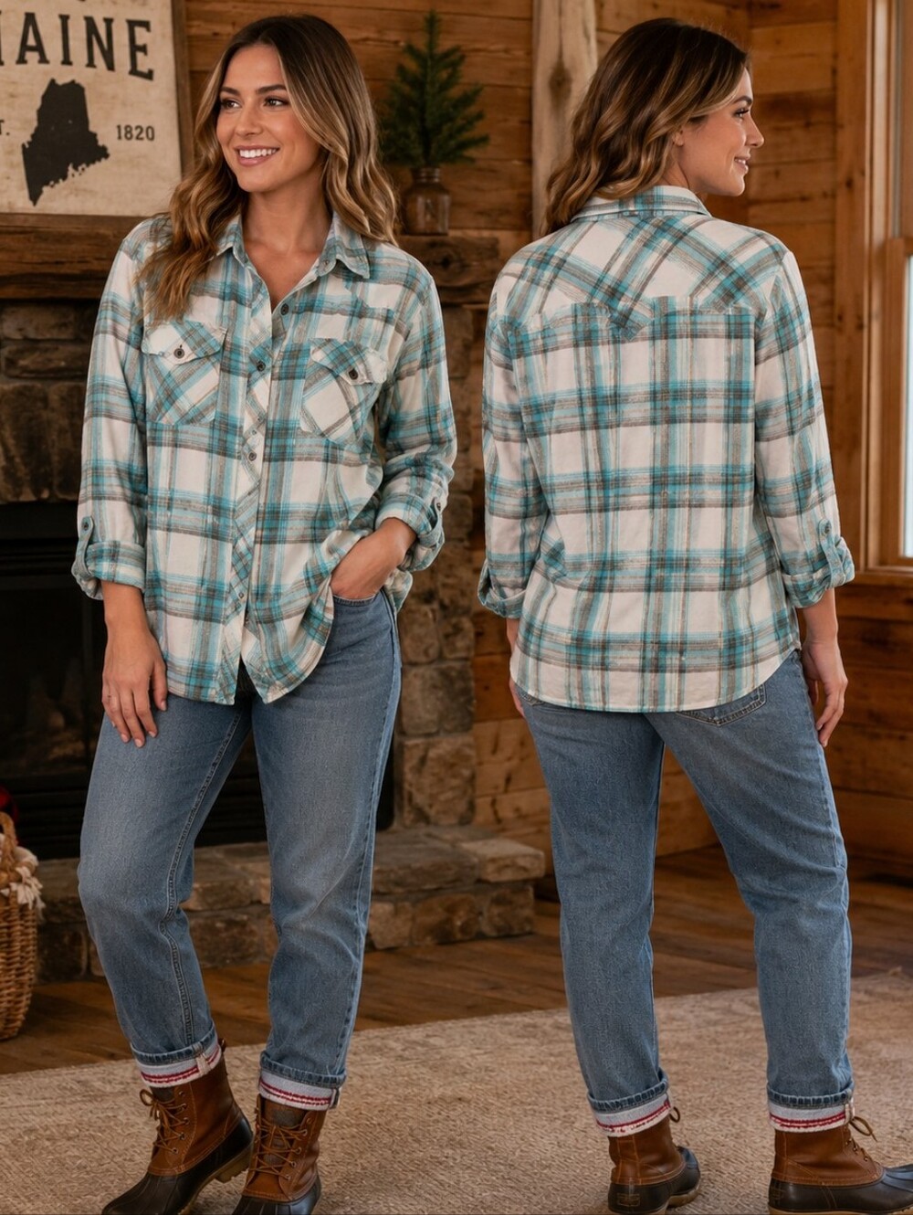 SGR New York Plaid Flannel Button Front Shirt Women's Large Blue White Gray Soft